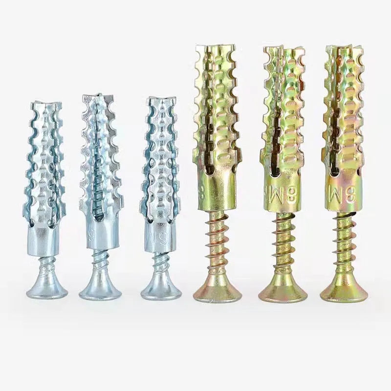 Metal expansion anchor with barbed serrated tube and screw for concrete and brick walls.