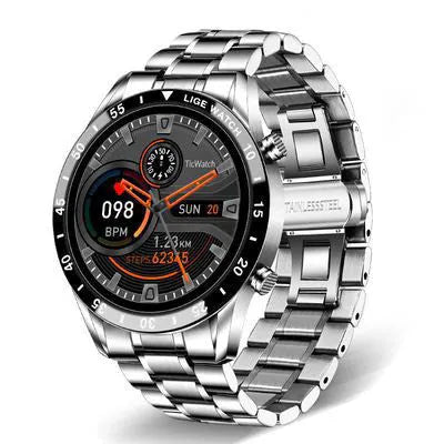 Silver stainless steel smart watch with 1.3-inch touchscreen displaying step count on wrist