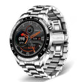 Silver stainless steel smart watch with 1.3-inch touchscreen displaying step count on wrist