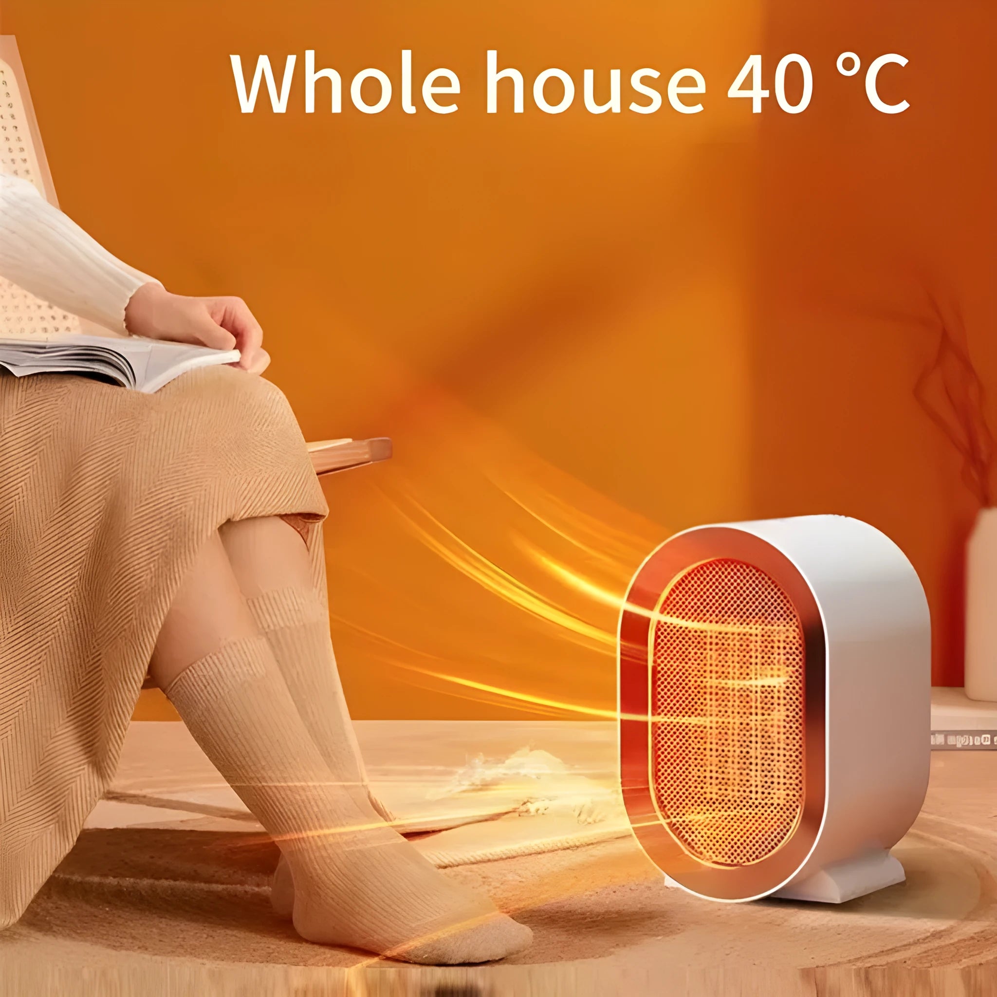 Compact black desktop electric fan heater with a front grille and mechanical control dial.