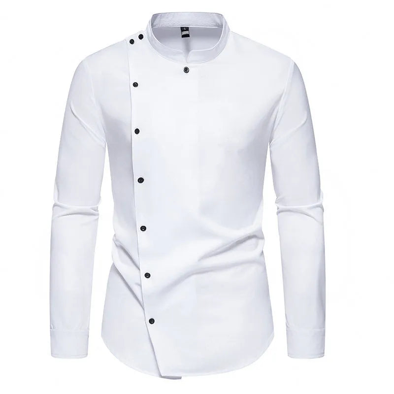 Men's long sleeve stand collar work shirt solid colour polyester blend loose fit black