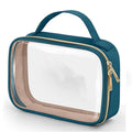 Transparent PVC wash bag with chain hanging, showing lipstick storage through clear material in multiple colour options