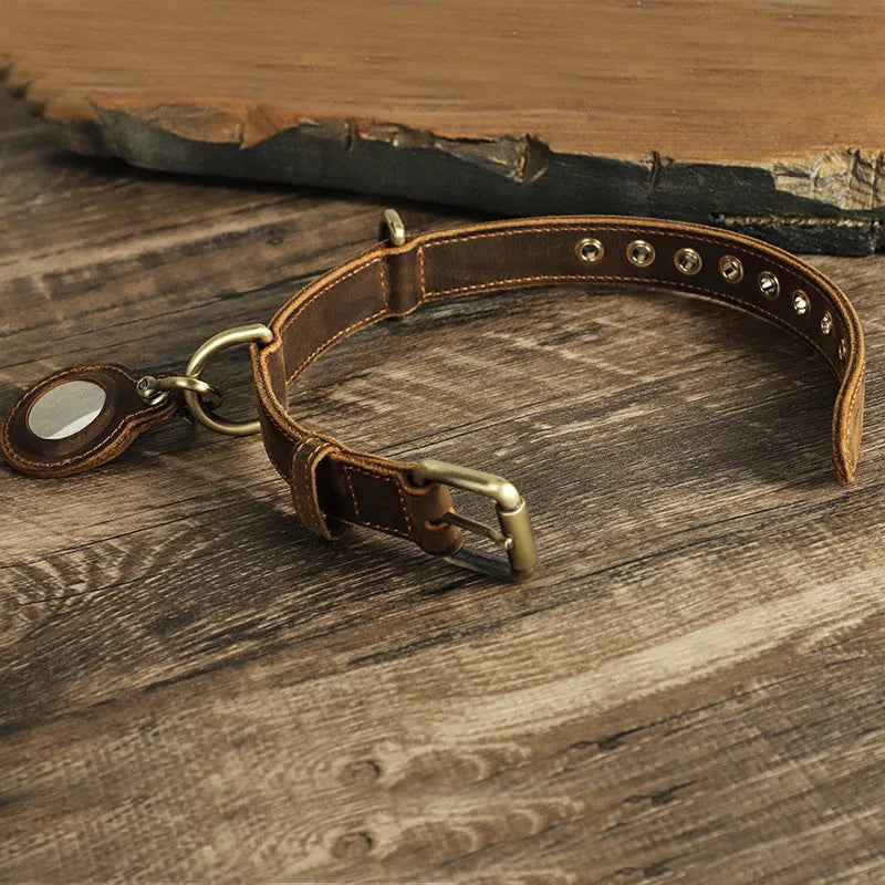 Brown retro double-sided cowhide dog collar with handmade halter positioning system