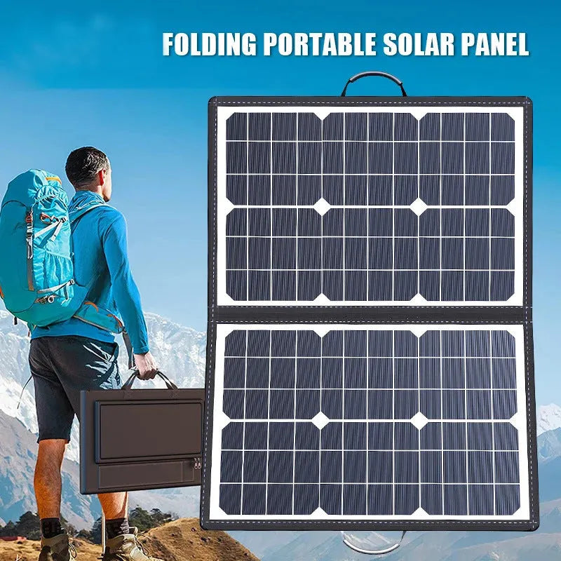 Black folding bag solar panel charger showing 40W monocrystalline design for outdoor use