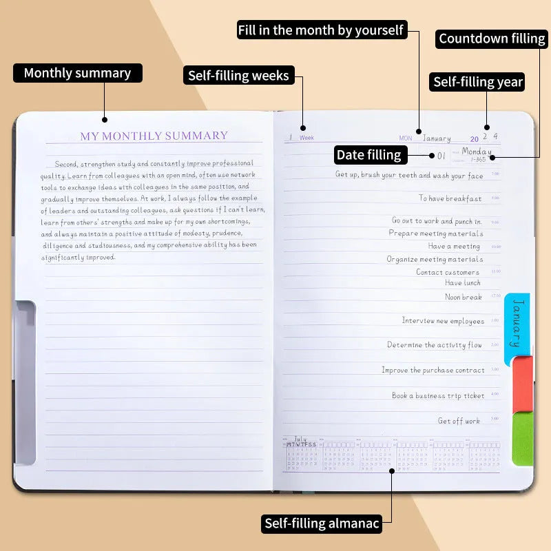 No-date notebook with PU leather cover and strap closure in choice of six colours with optional planning stickers