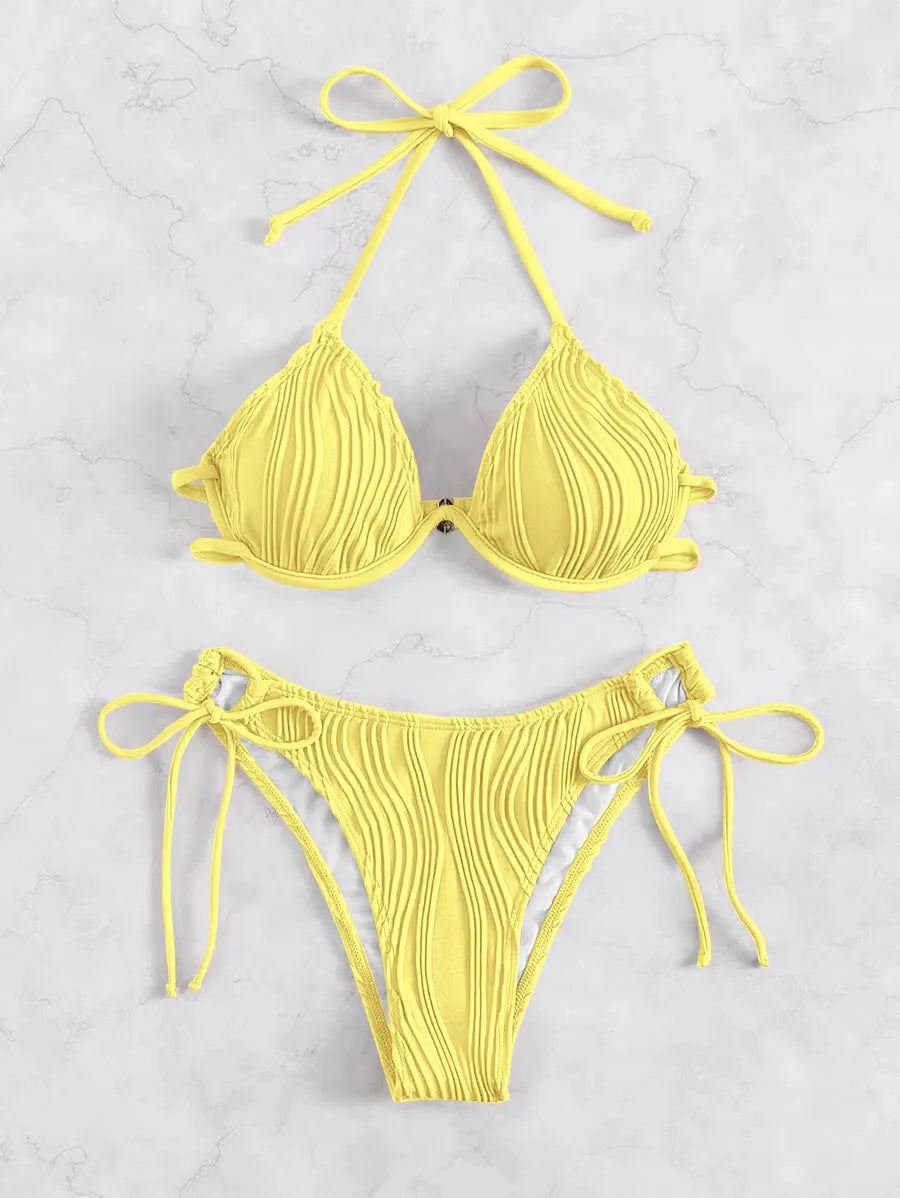 Women's apricot coloured split bikini with steel underwire top.