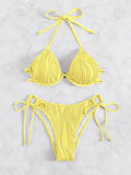 Women's apricot coloured split bikini with steel underwire top.