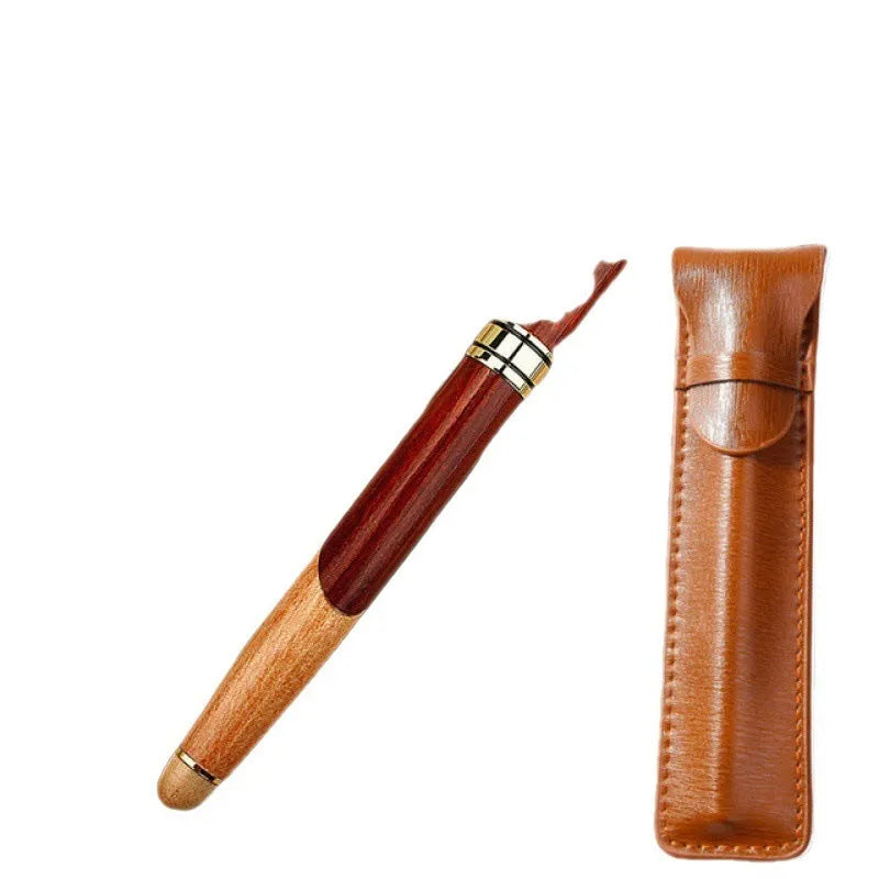 Wooden barrel and metal body ballpoint pen with a stylish protective storage bag.