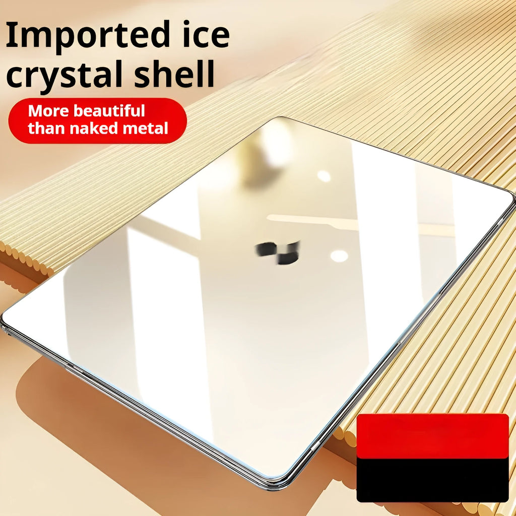 Transparent plastic protective shell for MacBook Air and Pro laptop on a table.