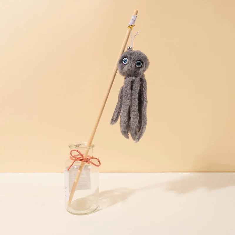 Furry octopus cat toy on long stick wand in pink colour option