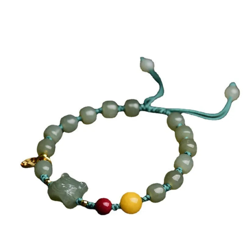 Natural Hetian Jade bracelet with cinnabar and beeswax beads, animal zodiac design