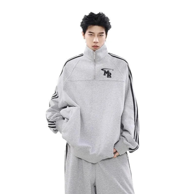 Black Hong Kong style retro casual sports hoodie with stand collar design