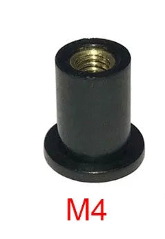 Set of 10 black rubber and brass well nut fasteners for motorcycle modification in M4 M5 M6 sizes.