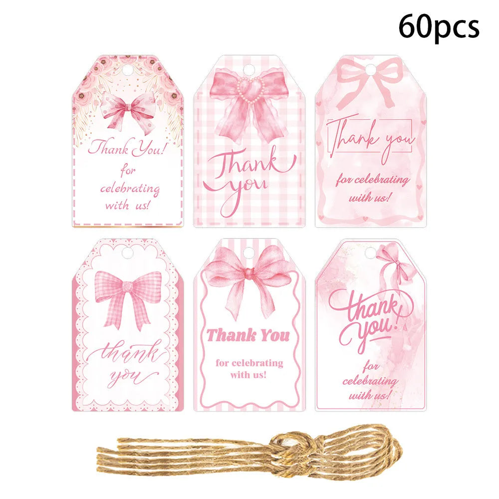 Three styles of birthday party gift tags with bowknot designs and hemp rope ties