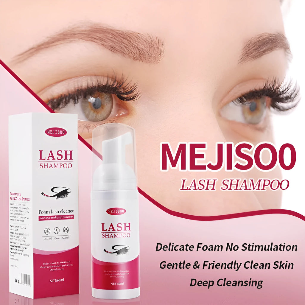 60ml Lash Shampoo Mousse bottle for eyelash cleaning, measuring 3.7cm by 13.5cm.