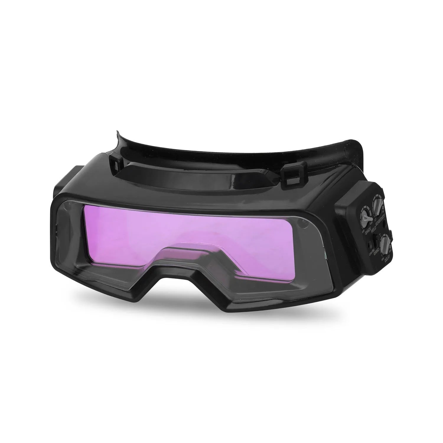 Black automatic darkening welding mask with large viewing lens for arc welding protection.