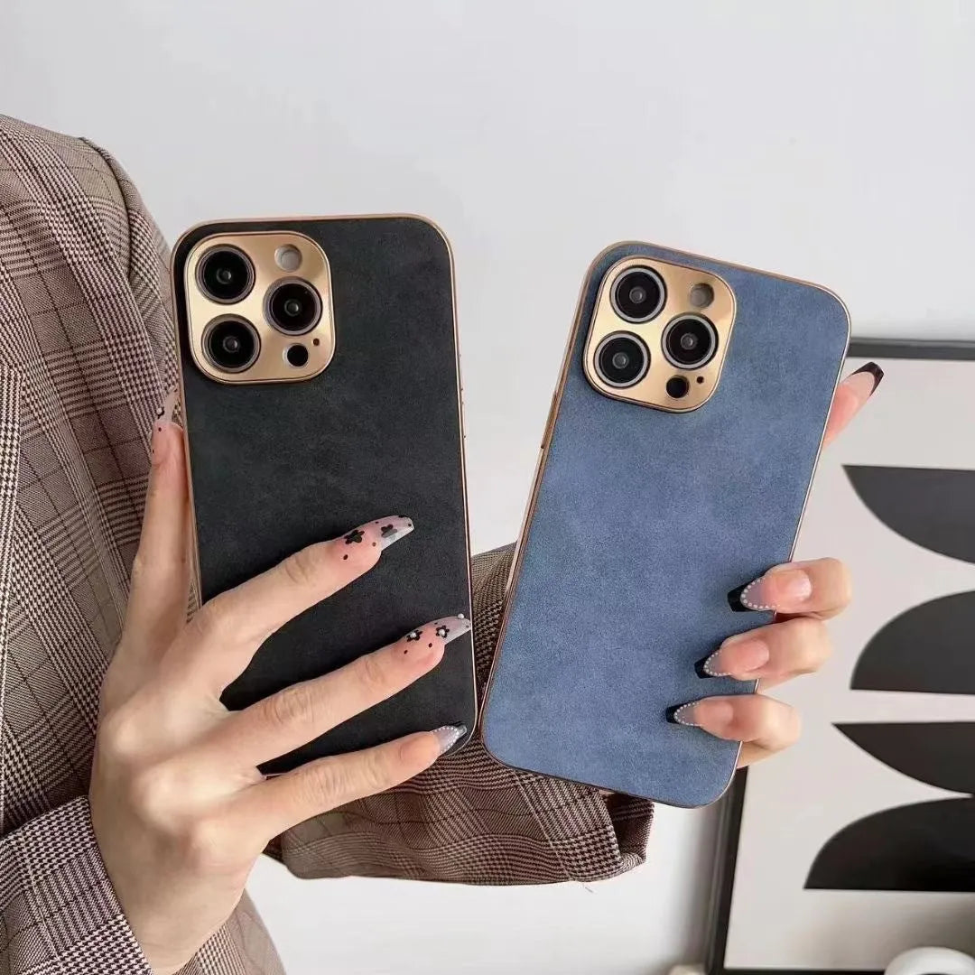 Leather texture iPhone case in grey lying flat, showing its slim profile and solid colour design.