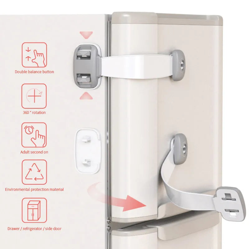 Adjustable child safety strap lock for cabinets and drawers in grey or green