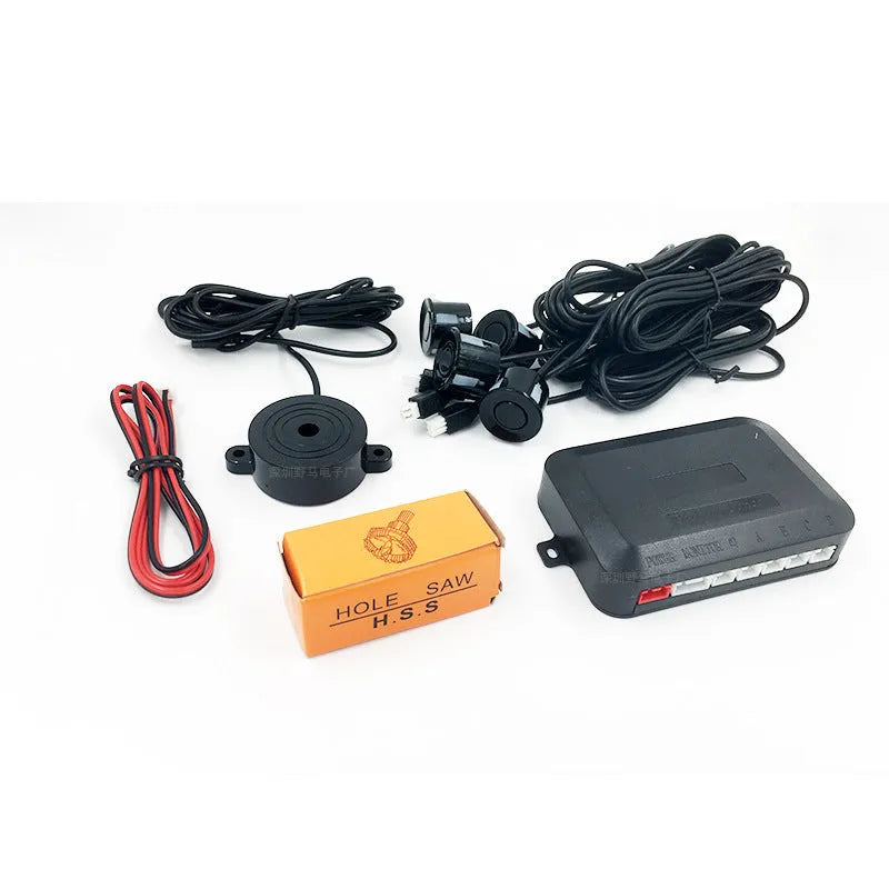 Four ultrasonic parking sensors and buzzer unit for car reversing radar kit with hole saw.