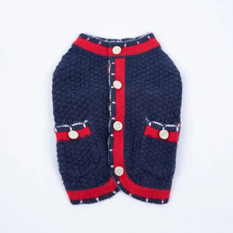 Blue wool dog cardigan sweater with princess-style collar on a mannequin
