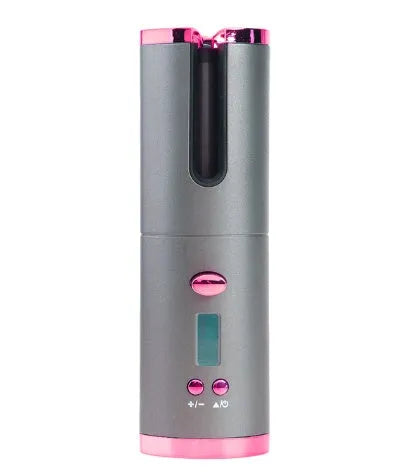 Rechargeable automatic rotating hair curler with LCD display in pink, grey, white, or black.