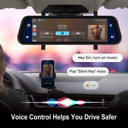 9.66-inch black wired dash cam rearview mirror recorder mounted on car windscreen with dual-camera display