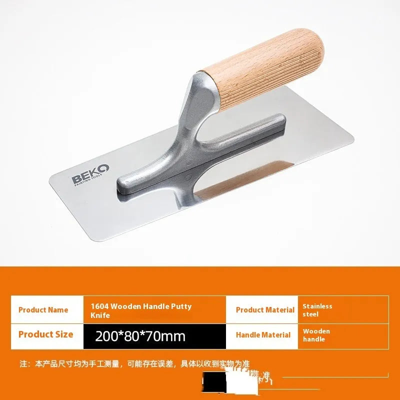 Stainless steel putty scraper with wooden handle in three size styles for cement and wall work