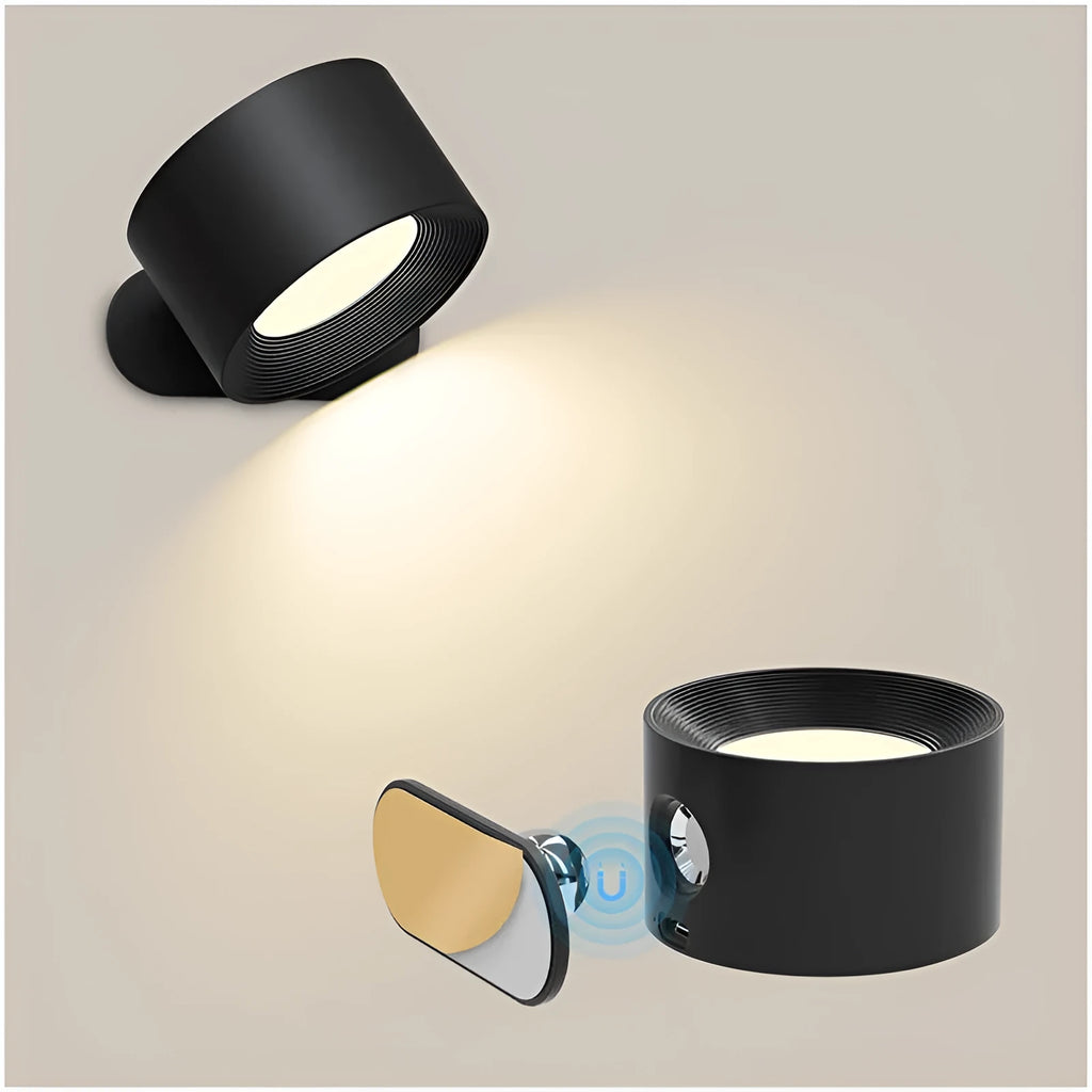 USB rechargeable wall lamp LED, 7.5cm diameter, 4.5cm height, ABS plastic, black finish