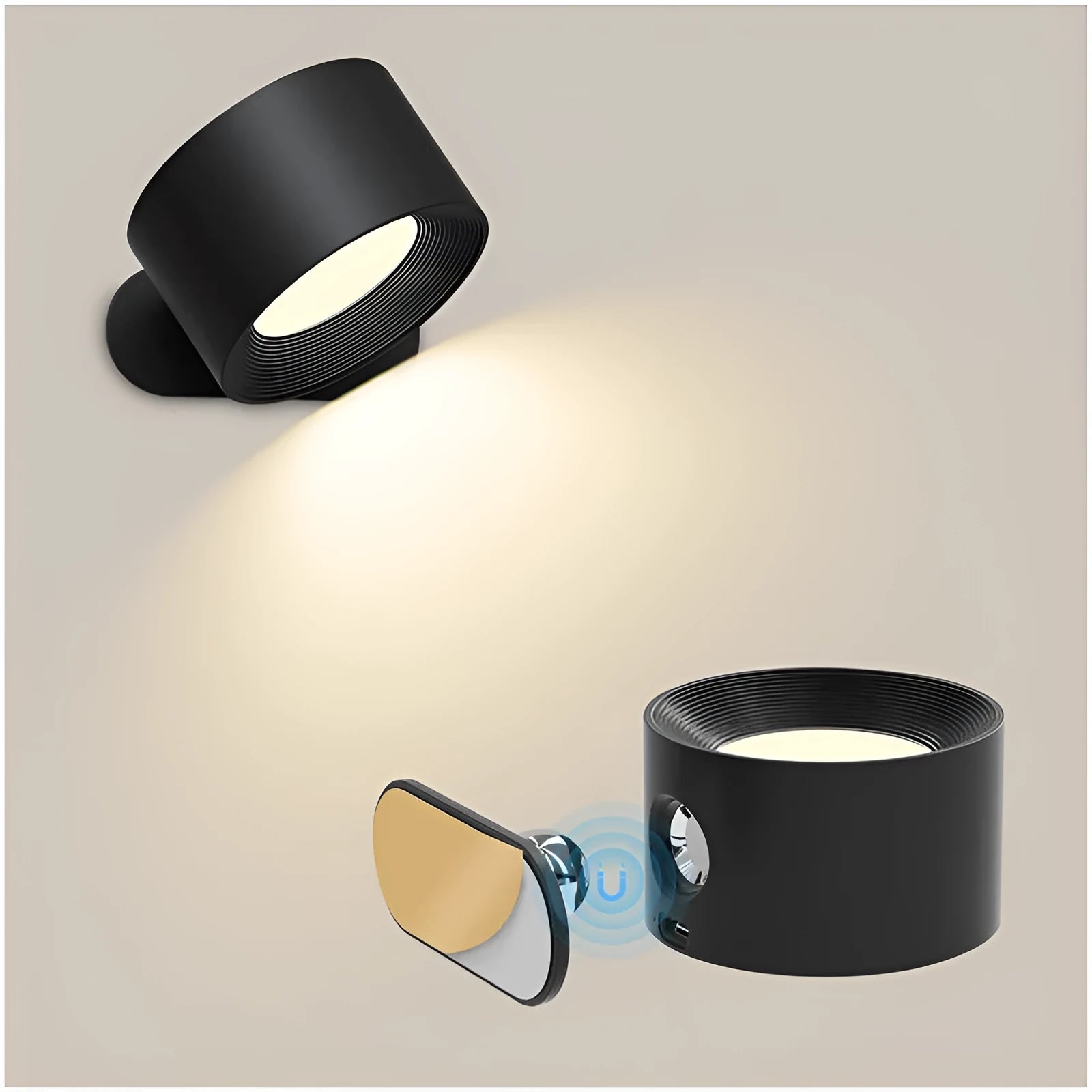 USB rechargeable wall lamp LED, 7.5cm diameter, 4.5cm height, ABS plastic, black finish