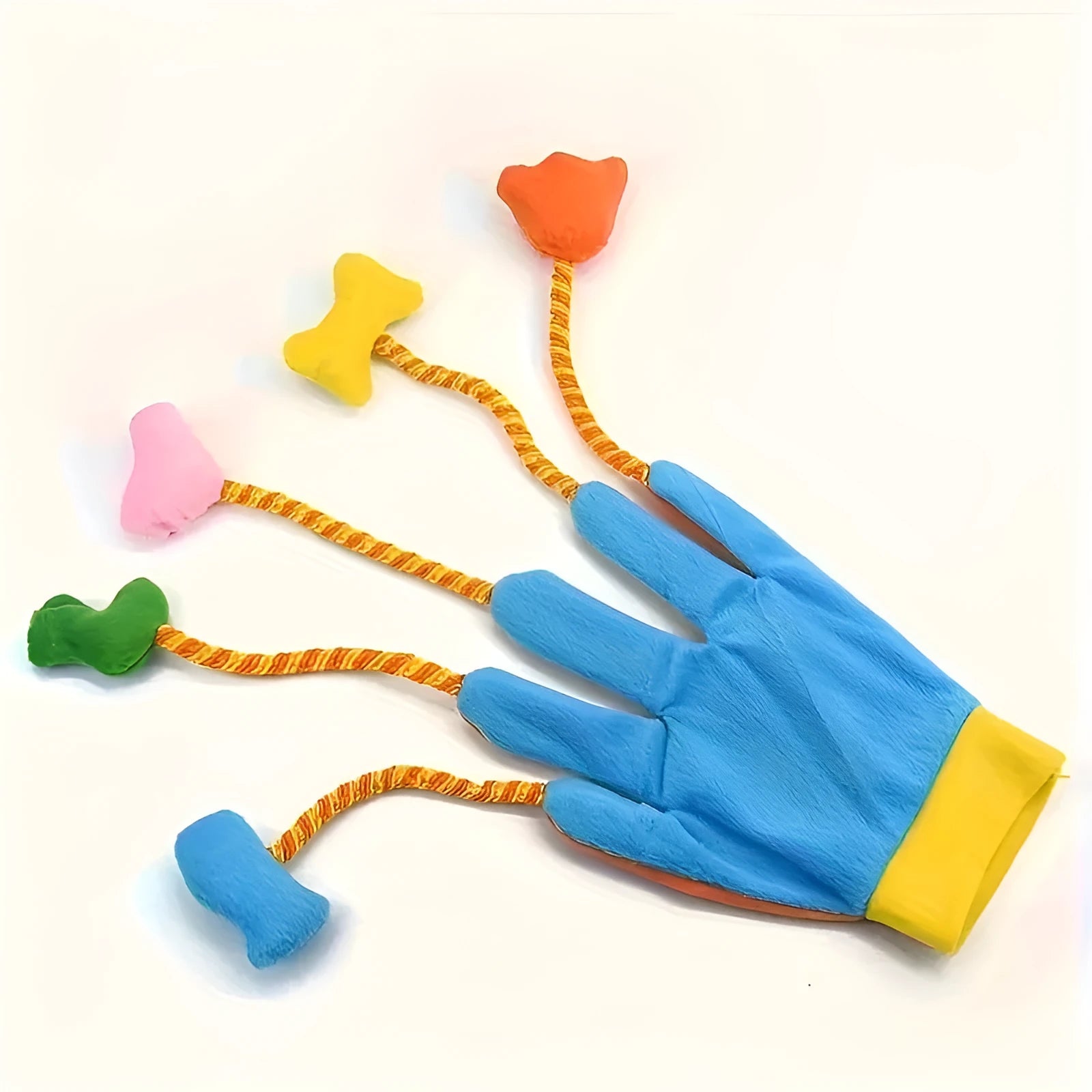 Yellow and blue plush cat toy glove puppet with a bell, shown on a hand.