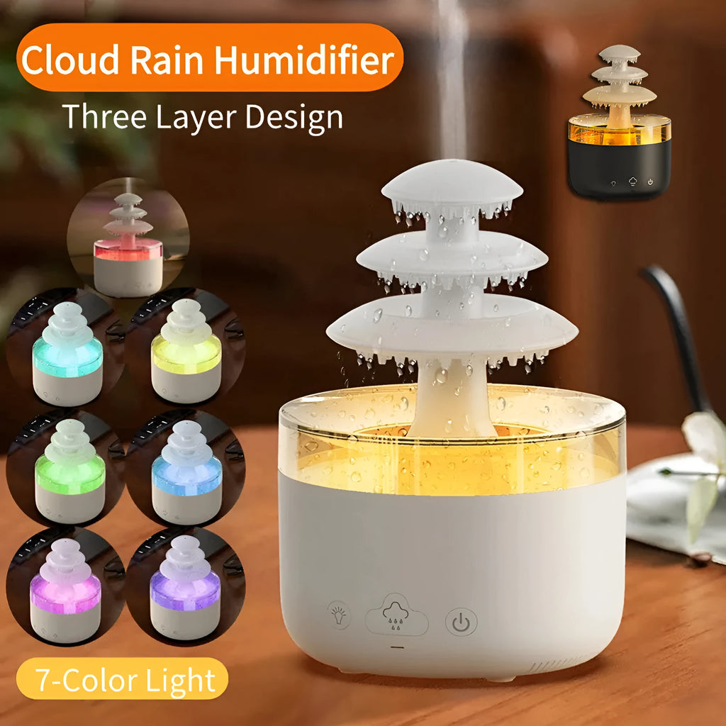 White Cloud Rain USB air humidifier and essential oil diffuser with colourful LED lights on