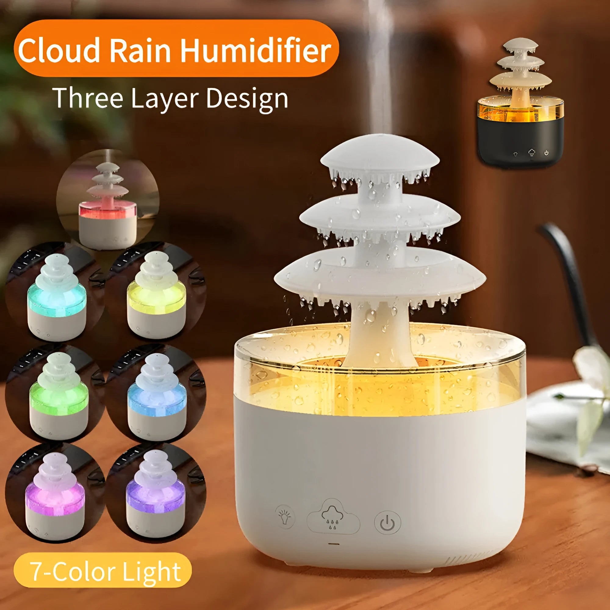 White Cloud Rain USB air humidifier and essential oil diffuser with colourful LED lights on