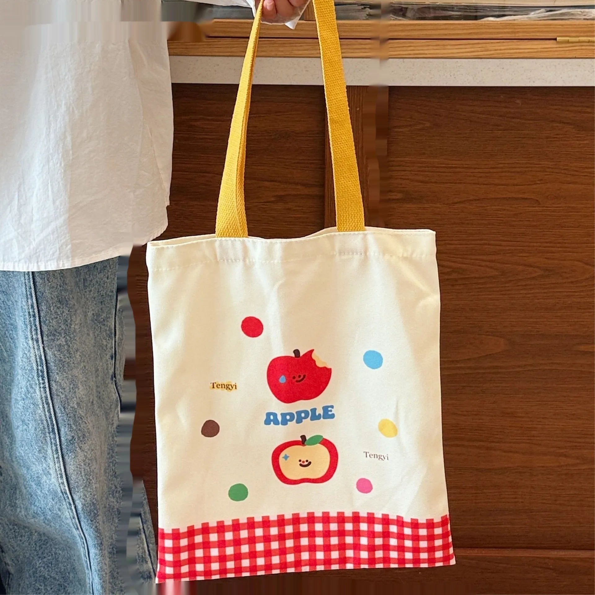 Cartoon kitten print canvas tote bag showing dimensions of 30cm wide by 36cm tall.