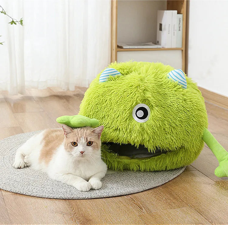 Fluffy round cat bed with non-slip base in three size options
