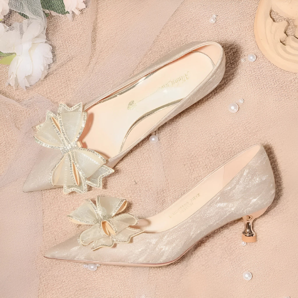 Women's champagne crystal sequin stiletto heel pumps with pointed toe for wedding events
