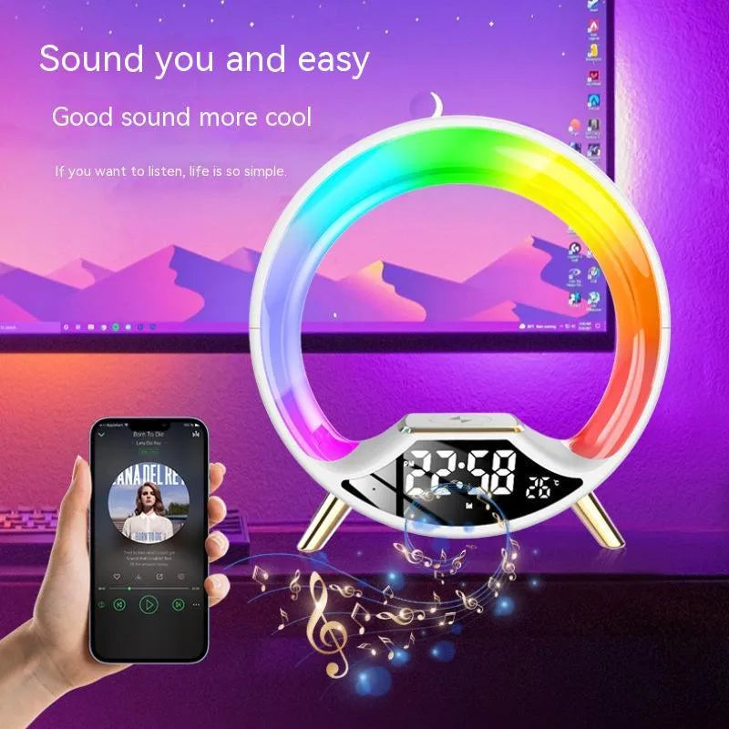 Multifunctional wireless charging bedside lamp with Bluetooth speaker, digital clock display and adjustable lighting