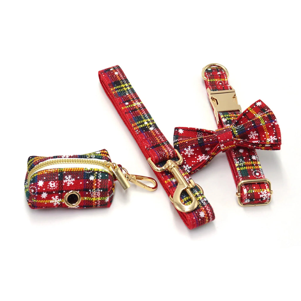 Red Christmas pet accessory set with collar, leash, bow, harness, and waste bag with laser cut decoration