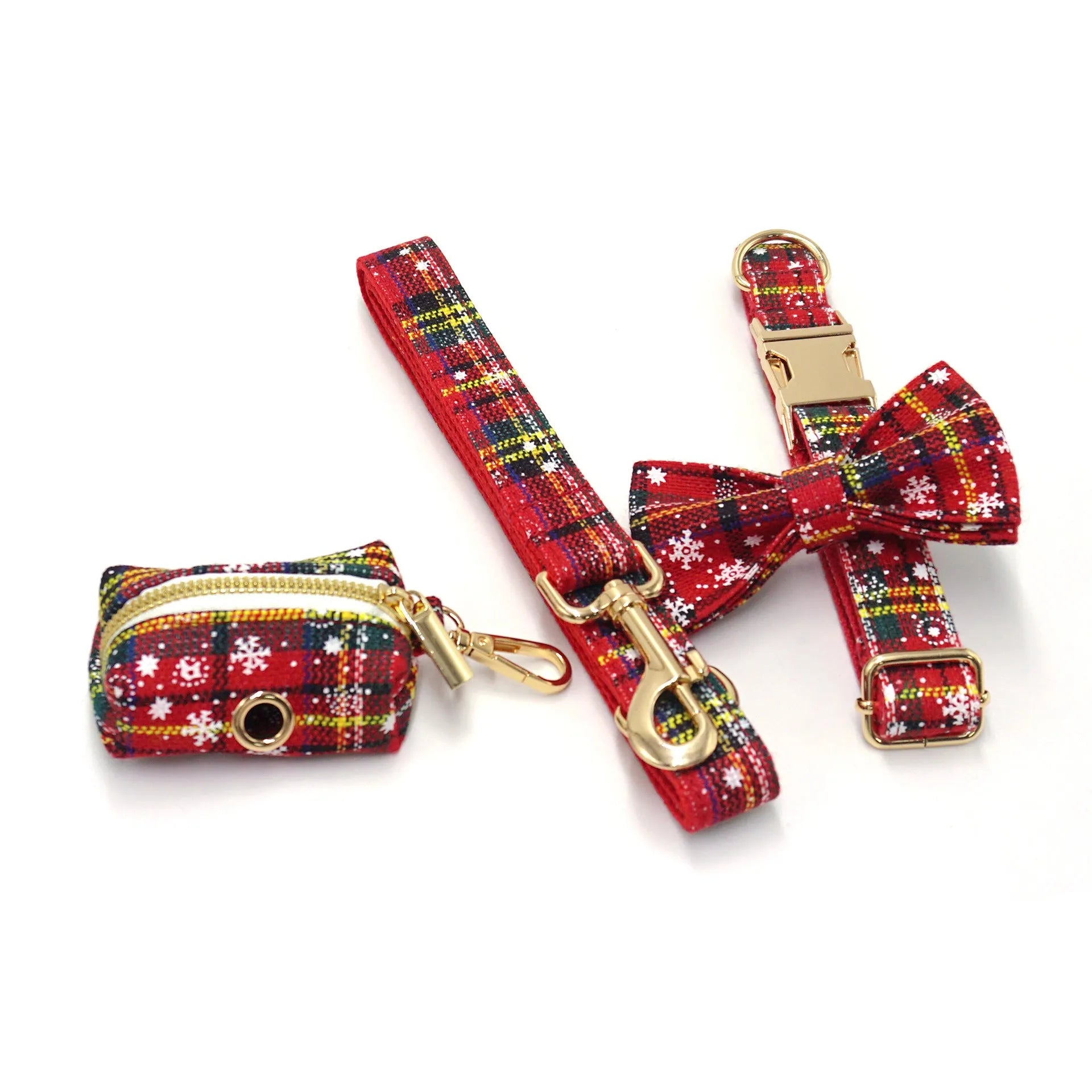 Red Christmas pet accessory set with collar, leash, bow, harness, and waste bag with laser cut decoration
