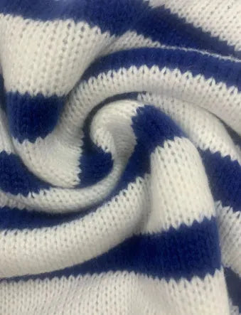 Sapphire blue loose-fit striped knitted pullover jumper with round neck and long sleeves.
