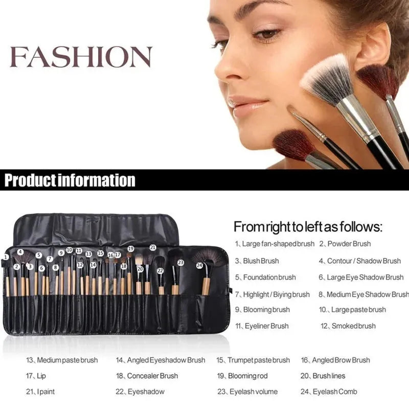 24-piece professional makeup brush set with wooden handles in a PU gift bag