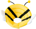 Soft grey cat cone collar with black velcro strap and a cute yellow bee design on the front.