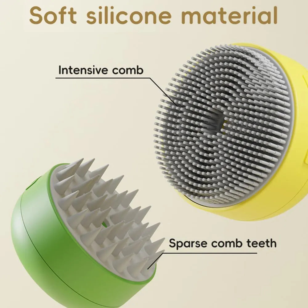 Green and yellow rechargeable silicone steam brush for grooming cats and dogs on a table.