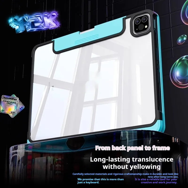 Blue iPad Pro 11 keyboard protective case showing shockproof PC construction and snug fit.