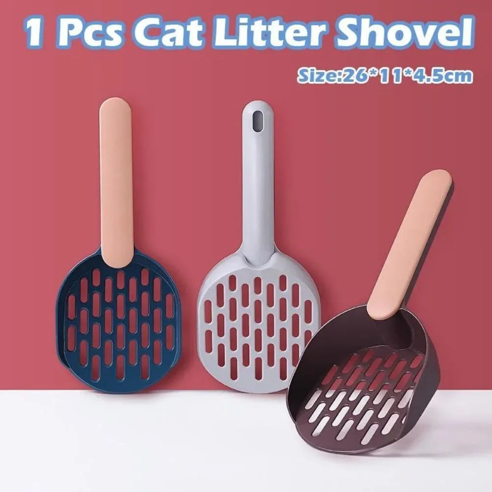 A blue plastic cat litter scoop with sifting holes on a white background.