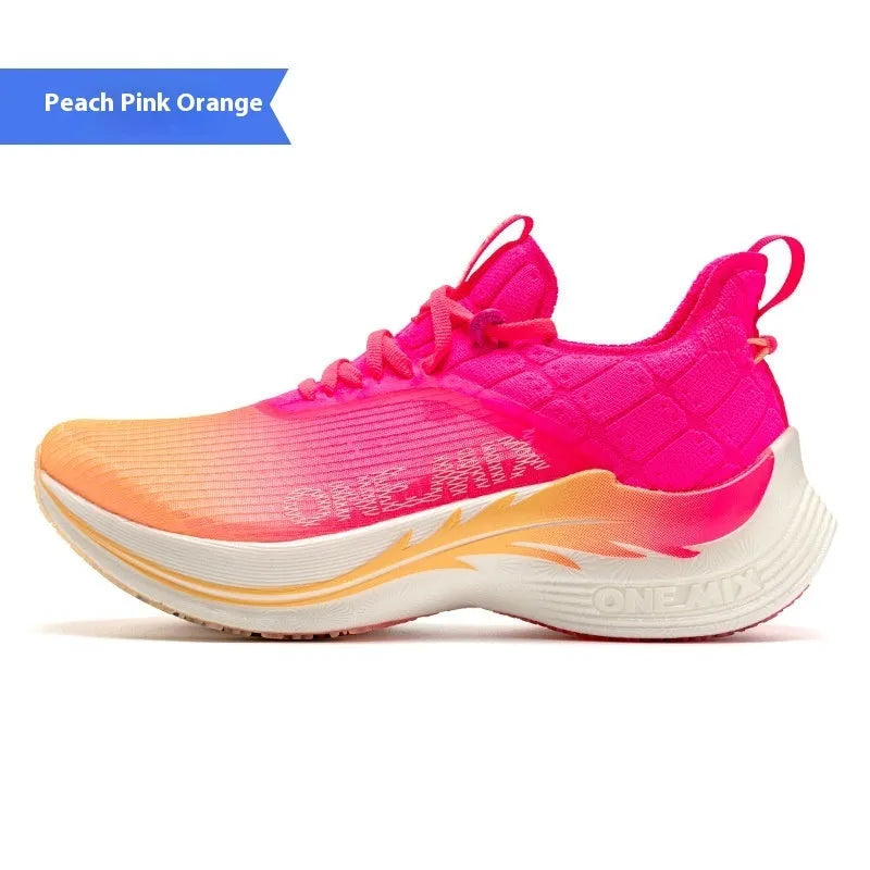 Racing shock-absorbing built-in carbon plate training shoes for men and women, colourful rose red colour, breathable mesh lining, rubber sole