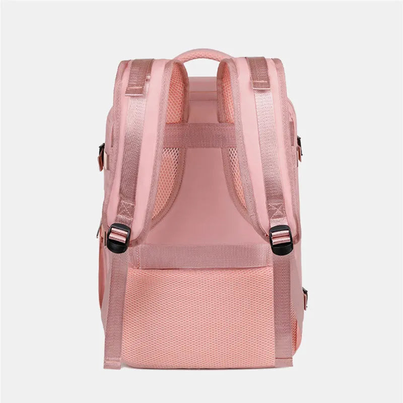Large purple Oxford cloth travel backpack with air pillow belt system and multiple compartments