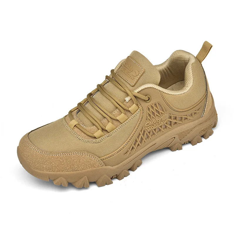Men's khaki non-slip platform hiking shoes with PU mesh upper, low-top design, and front lace-up closure