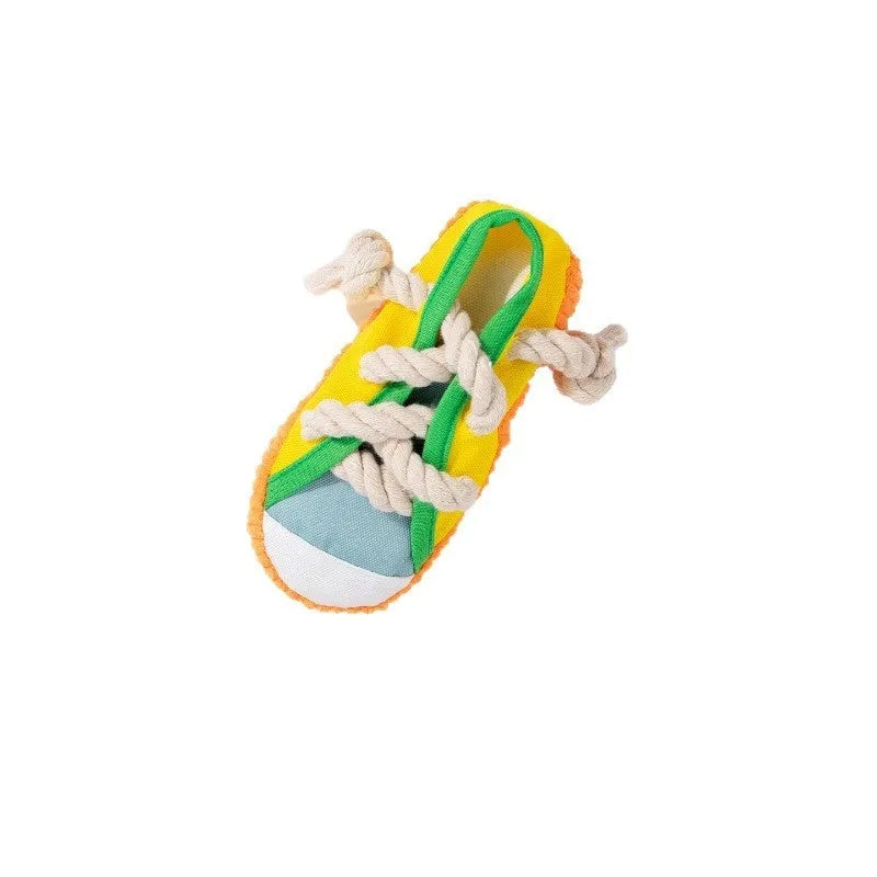 Colour options for a plastic sound slippers dog toy: rock yellow, black, and sea fog blue.