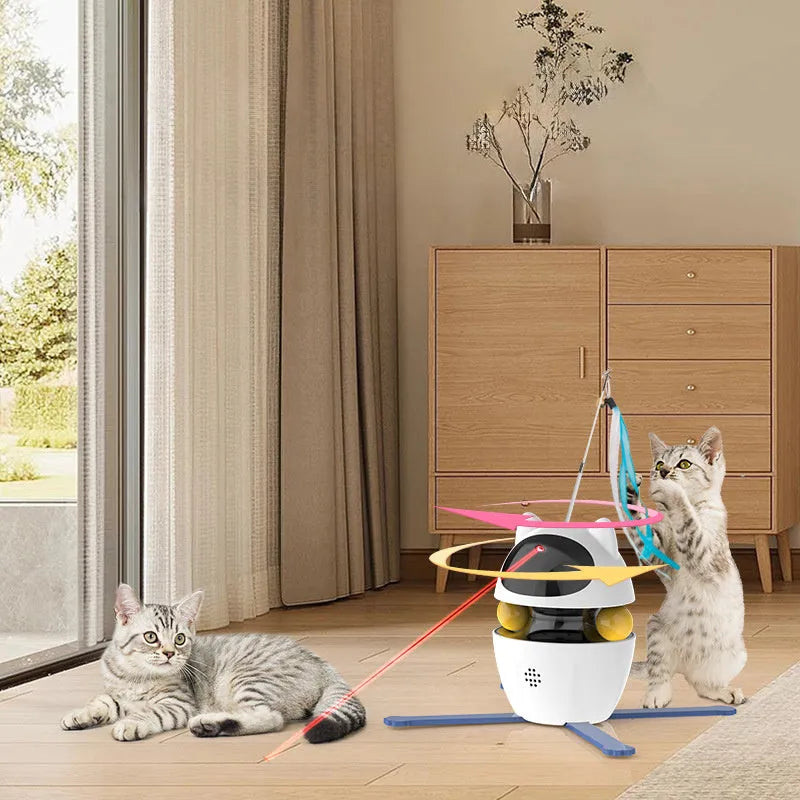 White automatic electronic cat toy with rotating stick and elastic rope for indoor feline entertainment