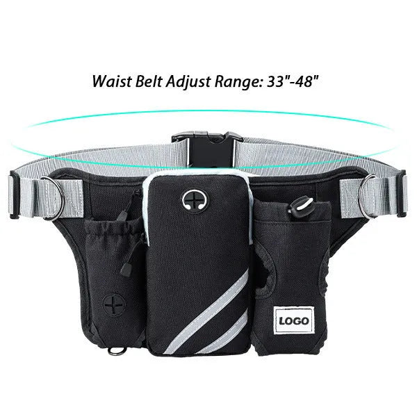Black nylon waterproof waist bag with integrated dog leash system for outdoor training